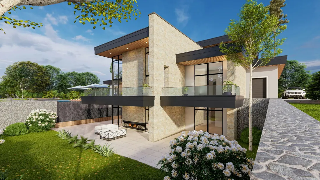 Contemporary stone-clad home with a landscaped garden and terrace
