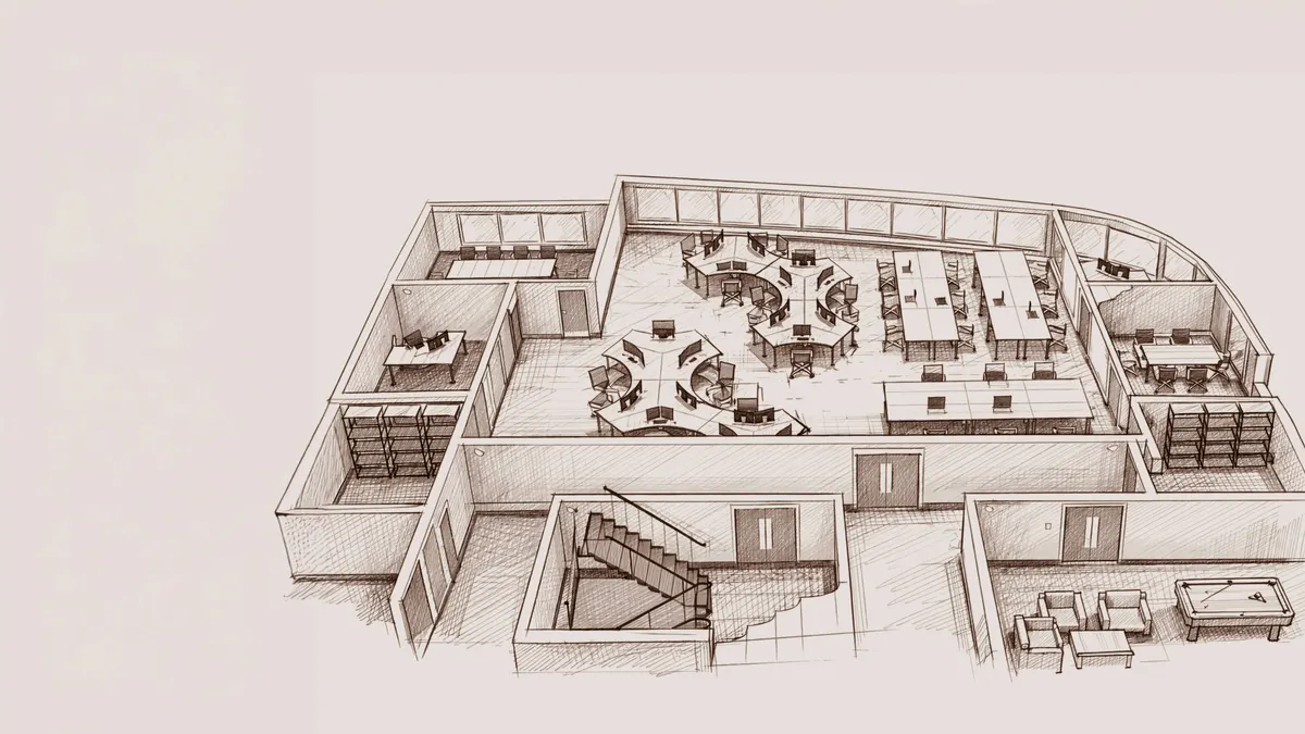 Aerial view of a modern open-plan interior used for property marketing