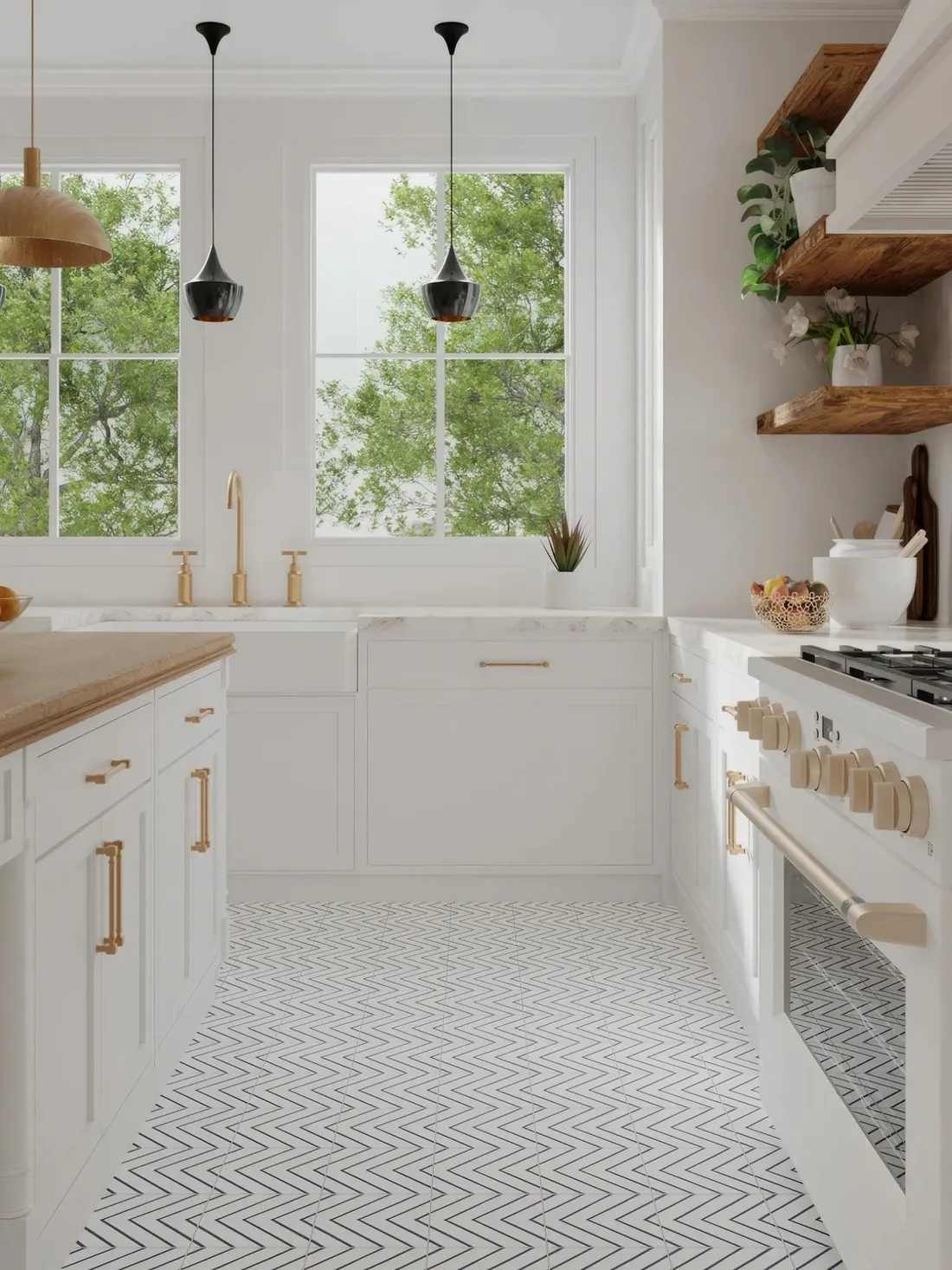Edited real estate photo of a bright white kitchen with patterned tile floor