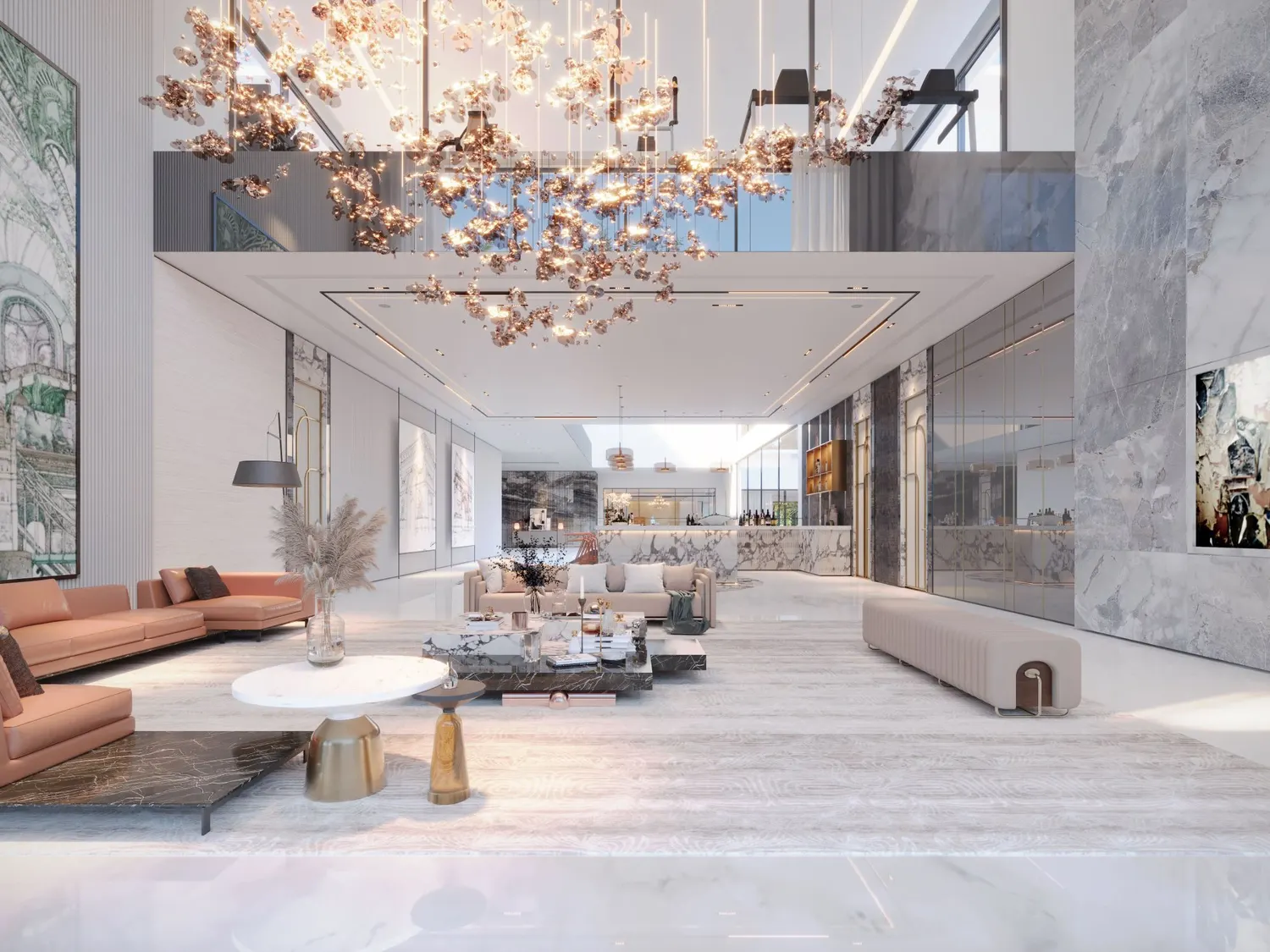 Photorealistic CGI render of a luxury property interior with a statement chandelier