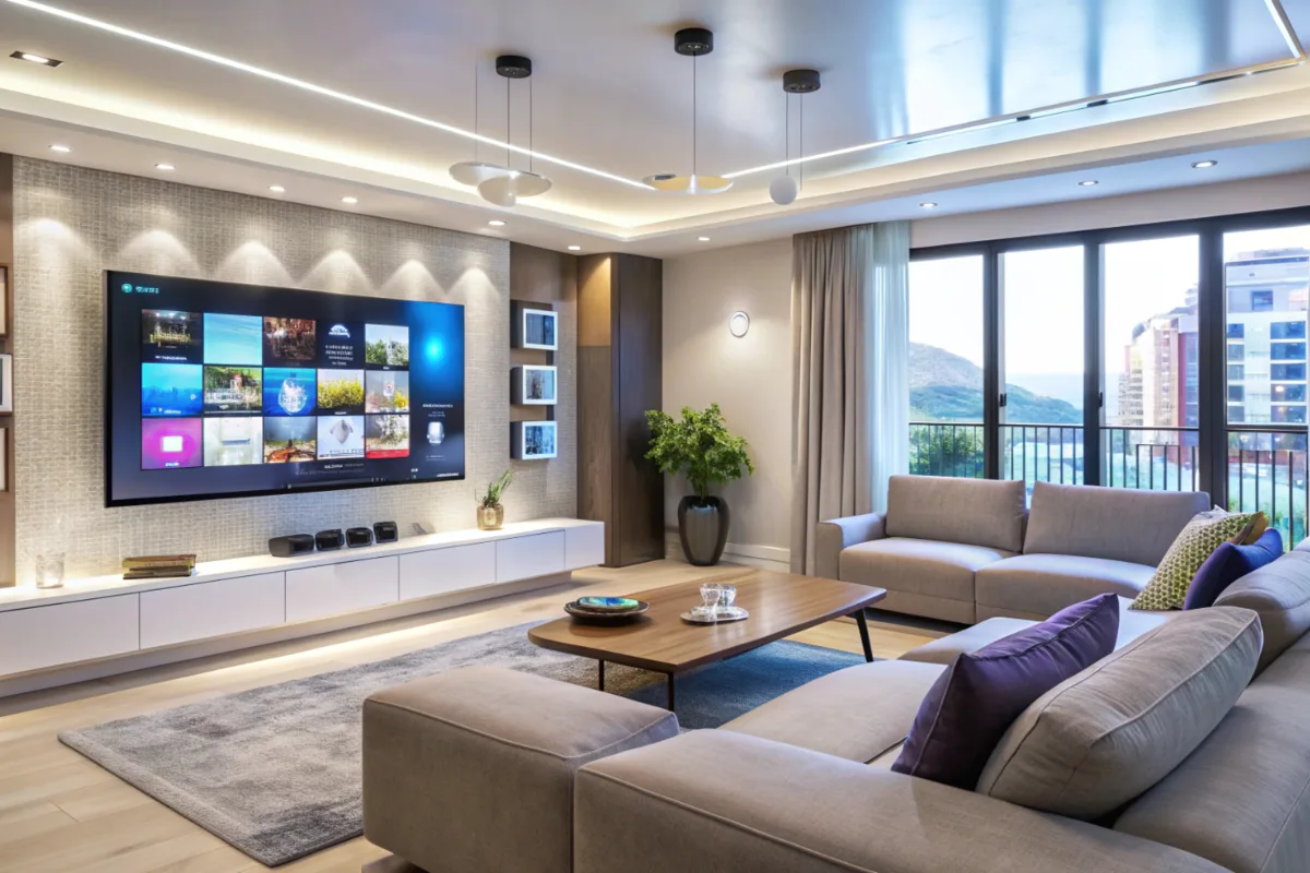 Virtually staged living room with a grey sectional sofa, wooden coffee table, wall-mounted TV and floor-to-ceiling windows