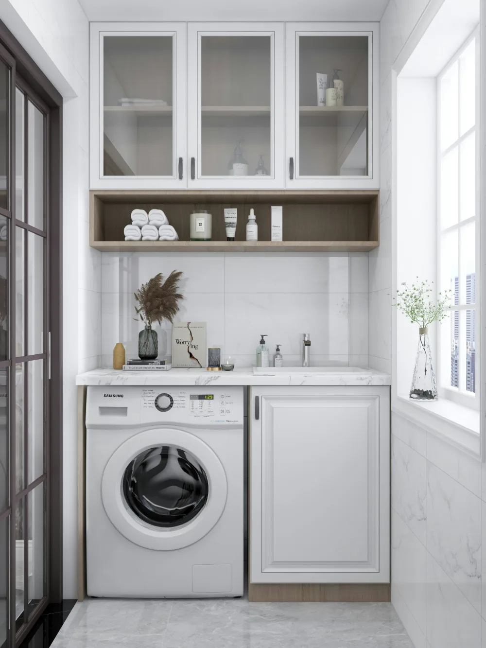 Staged utility room with a front-loading washing machine, white glass-fronted cabinets, open shelving and a marble worktop